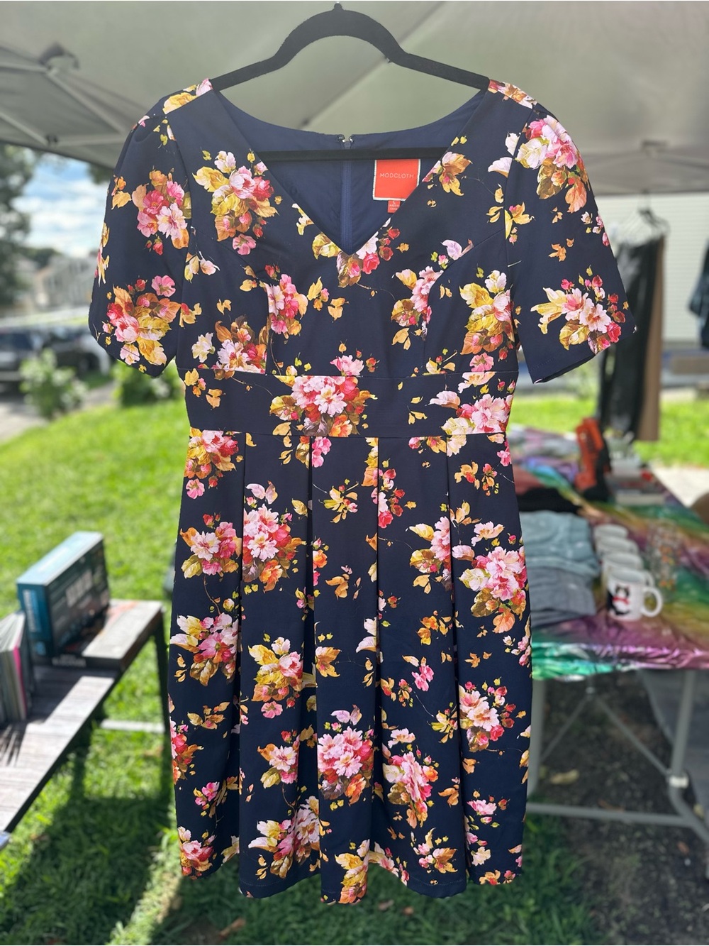 ModCloth Navy Floral Fit-and-Flare Dress with Pink and Yellow Blooms